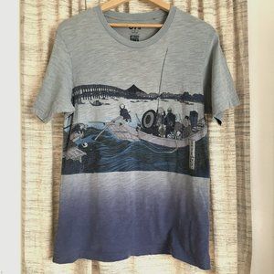 100% Cotton Uniqlo Hokusai Blue Ukiyo-e Rowing T-shirt